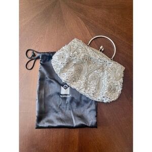 MG Collection Silver Sequined Beaded Clutch Evening Purse Strap Dust Bag Formal